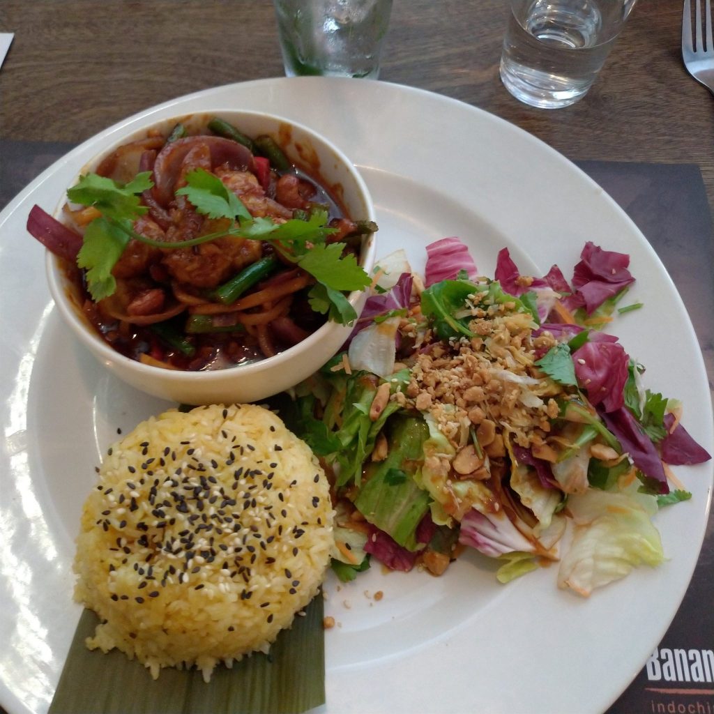 tofu dish with sticky rice and salad
