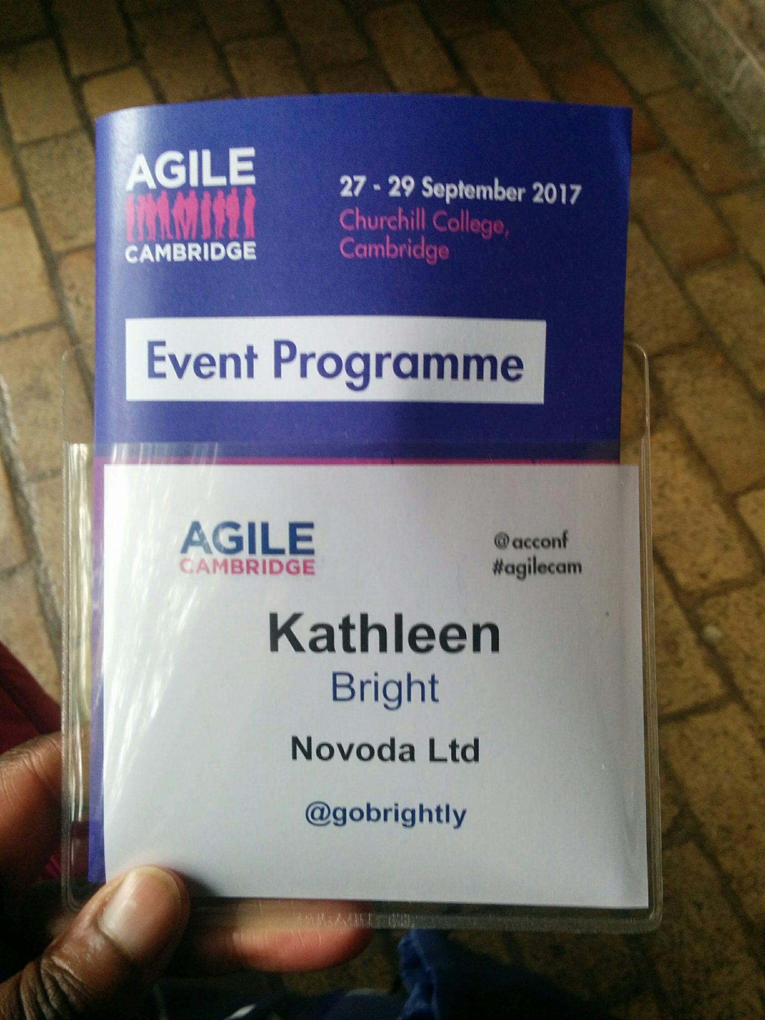 Kathleen Bright's name tag for Agile Cambridge 2017