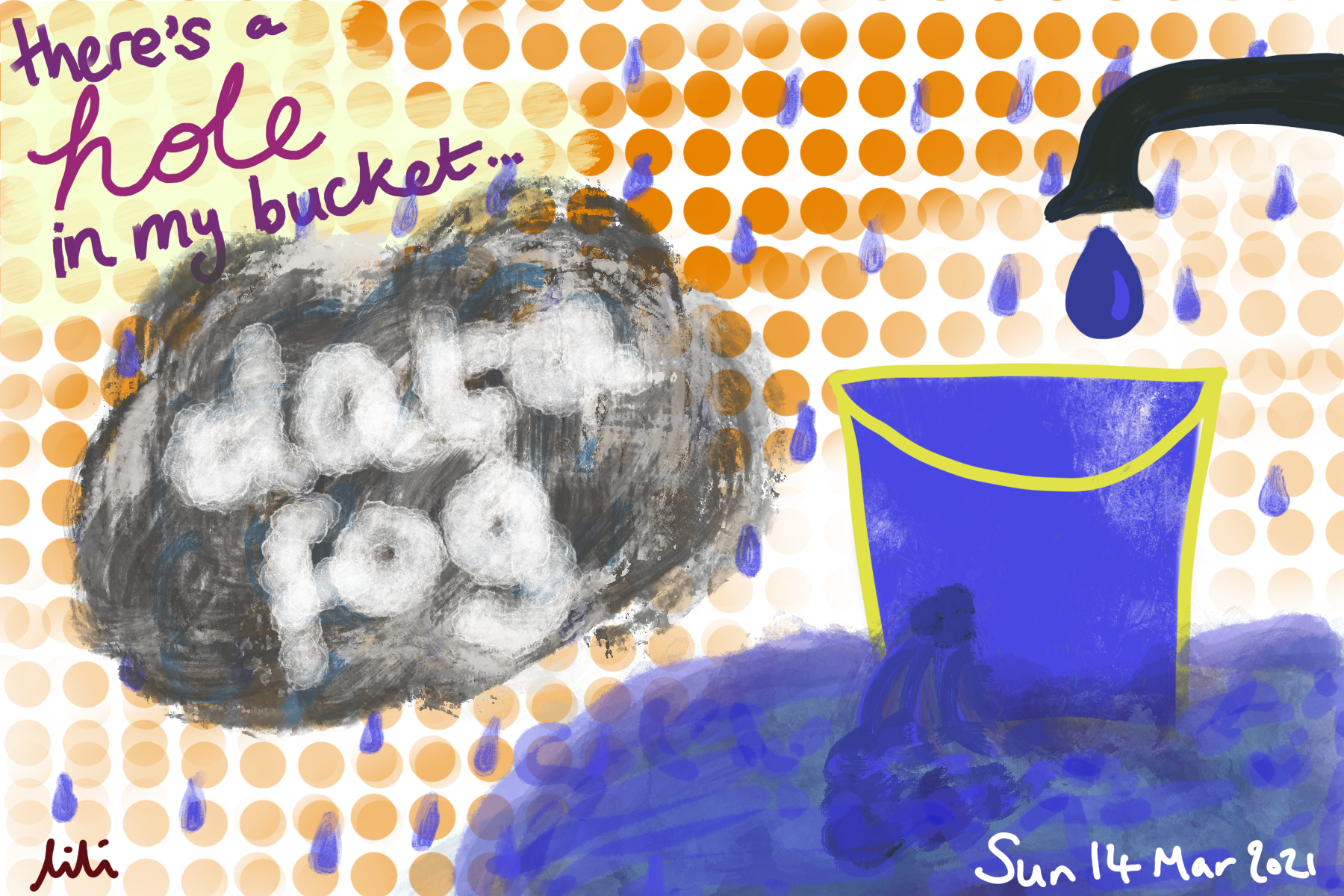 It's raining, and a tap is dripping water into a bucket that is both full and leaking from a hole. It is sat in a puddle of water. There's a grey cloud labelled 'data fog' and the words 'there's a hole in my bucket'. Drawing.