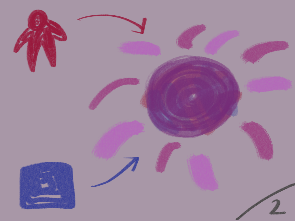 Red figure and blue square combine to make a huge and powerful purple sphere