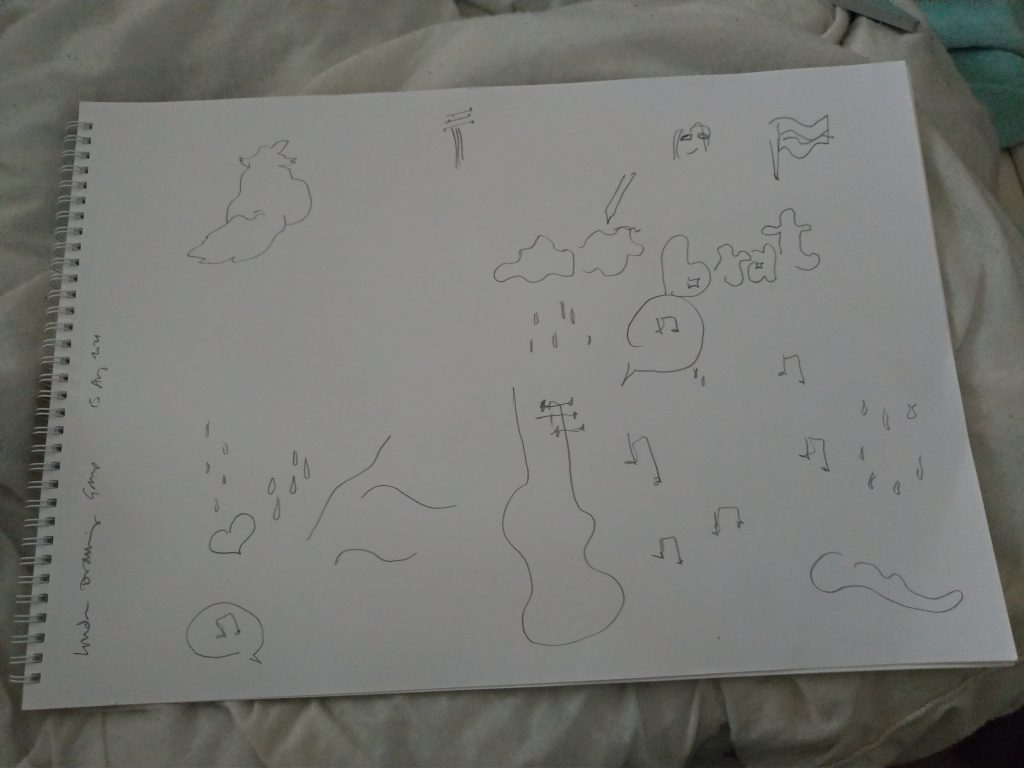 many doodles, rain, an abstract cello or double bass, 'brat' in bubble writing music notes