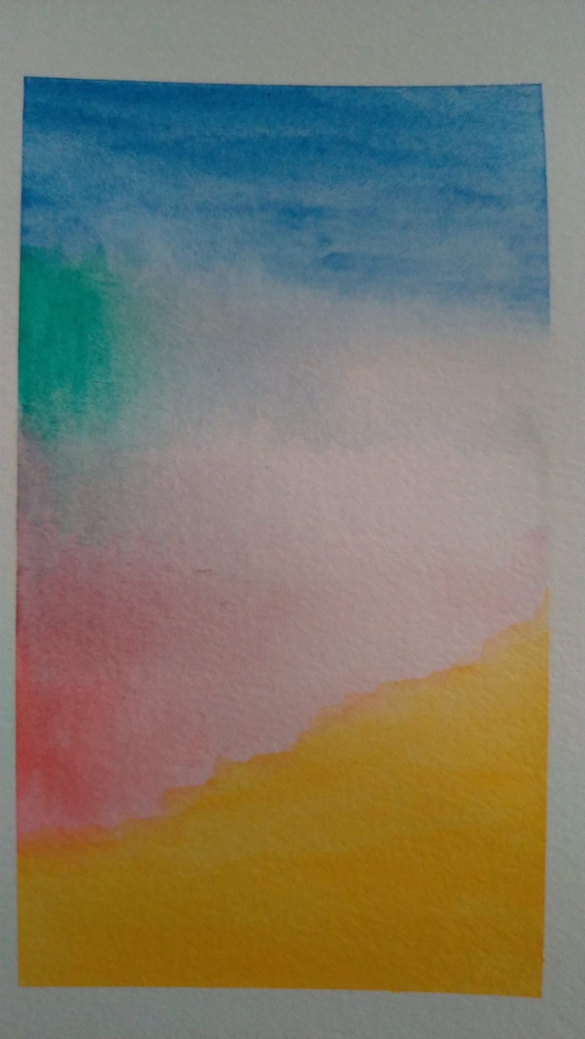 blues, greens, pinks and yellows bleed and blend on a page in a rectangle